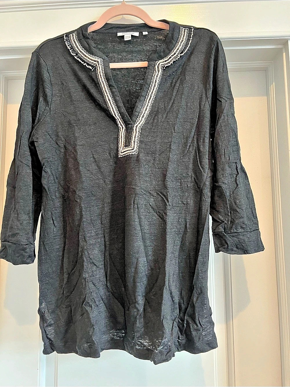 Chico's Linen Embellished Tunic in Black Size Medium